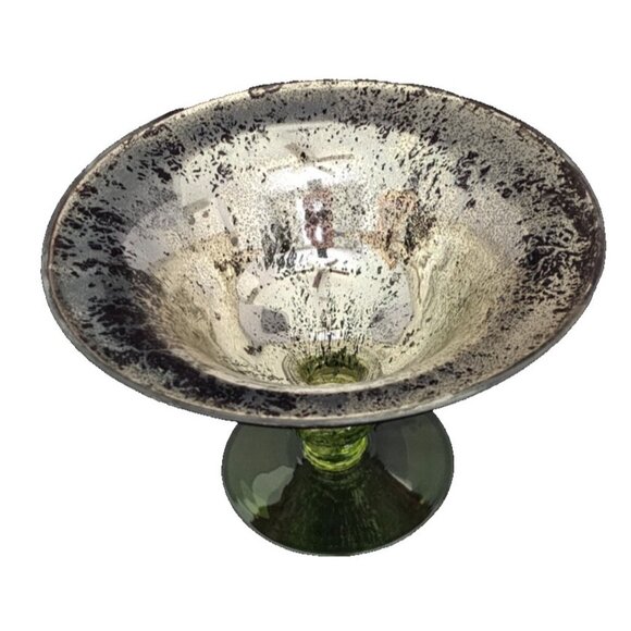 Vintage Green Glass Compote Dish, 7" Tall x 10" Wide Pedestal Bowl Decorative - Picture 3 of 8